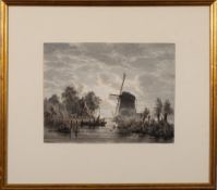 Jacobus Theodorus Abels [1803-1896]- Dutch wetland and windmill scene,