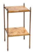 A brass and marble two tier square etagere:, with brown and cream variegated marble inset tops,