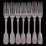 Six assorted Georgian and later Fiddle pattern table forks, various makers and dates: initialled,