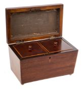 A 19th century mahogany and satinwood banded tea caddy: of rectangular outline,