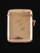 A George V 9ct gold vesta case, maker W& Co Ltd, Birmingham, 1913: initialled,