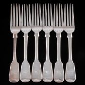 Six assorted Georgian and later Fiddle pattern table forks, various makers and dates: initialled,