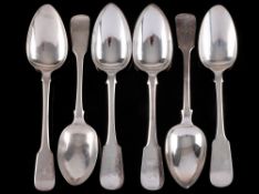 Six George IV and later Exeter silver Fiddle pattern table spoons,