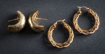 A pair of 9ct gold rope pattern hoop earrings and a pair of crescent-shaped ear studs.