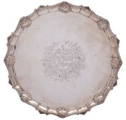 A George III silver salver, maker Elizabeth Cooke, London, 1763: crested, inscribed to the reverse,