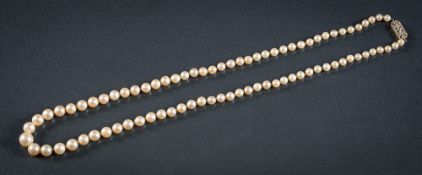 A cultured pearl single-string necklace: the individually knotted pearls graduating from 4.