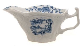 A rare First Period Worcester sauceboat: of deep quatrelobed form with angular handle and moulded