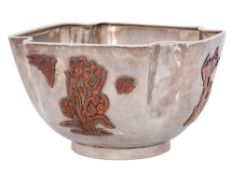 An oriental sterling silver square bowl, stamped Sterling and other metals 250: initialled to base,