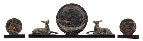An Art Deco clock garniture: having an eight-day movement,