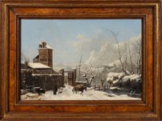 European School late 19th Century - A Winter river scene with chapel and figures in the foreground,