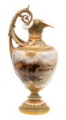 A fine Royal Worcester ewer painted by John Stinton: with foliate scroll handle and neck,