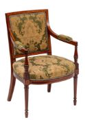 An Edwardian mahogany and inlaid open armchair:, in the French taste, crossbanded in satinwood,