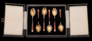 A set of six Elizabeth II silver gilt and enamel coffee spoons, maker Turner & Simpson, Birmingham,