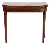 A George III mahogany and inlaid rectangular card table:, of D shaped outline,