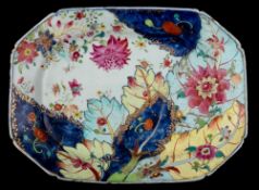A Chinese famille rose 'Tobacco Leaf' dish: of octagonal form, decorated in bright enamels,