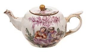A Continental porcelain teapot and cover: the circular lobed body with bird's head spout and scroll