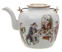 A Chinese porcelain wine pot and cover: of barrel shaped form with flat cover and wire handles,