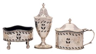 An Elizabeth II three-piece cruet set, maker Mappin & Webb, London, 1966: in neo-classical taste,