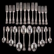 A silver Kings pattern matched part flatware service, various makers and dates: includes,