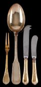 A Continental silver gilt Fiddle and Thread serving spoon, stamped marks: crested,