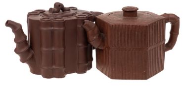 Two Chinese Yixing stoneware teapots: one of dark brown hue and with bamboo moulded decoration and