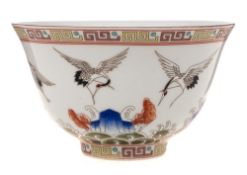 A Chinese cranes bowl: of rounded form with flaring rim,