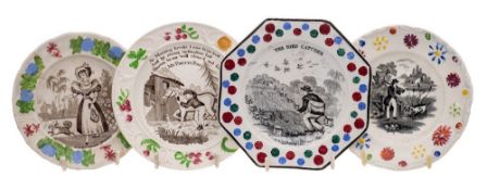 A group of four nursery plates: 'The Bird Catcher' by Davenport, 'Returning From School',