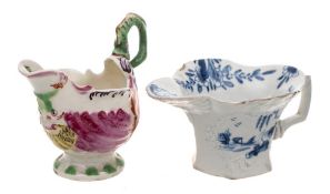 A First Period Worcester polychrome 'Dolphin Ewer' creamboat and a blue and white creamboat: the