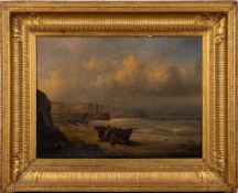 British School 19th Century- A coastal harbour scene; fisherman in the foreground,