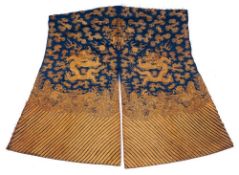 A Chinese gold-thread embroidered blue 'Dragon' robe [part]: worked with ferocious dragons persuing