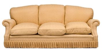 A 'Howard Chairs Ltd' three seat settee:, fully upholstered in pale yellow damask fabric,