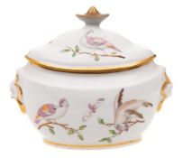 A Coalport [John Rose] boat-shaped sucrier and cover: with 'demon' head ring handles,