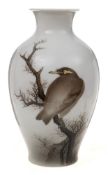 A Japanese porcelain baluster vase: painted predominantly in grey monochrome with a large bird