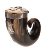 A Scottish horn and silver mounted snuff mull: with crested applied panel,