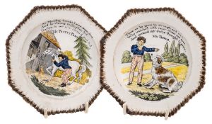 A pair of pearlware plates: of octagonal form with feather edging,