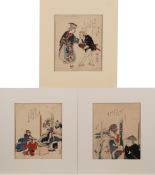 Hokusai, two woodblock prints: parody of the gods Daikoku, Benten and Ebisu, 20 x 17.