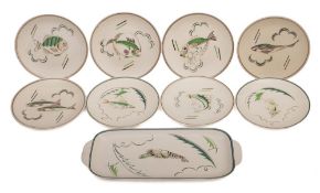 A Poole Pottery fish and sandwich set: modelled after a design by Truda Carter and comprising a