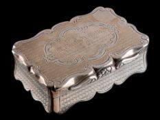 A Victorian silver snuff box, maker Alfred Taylor, Birmingham, 1854: inscribed,