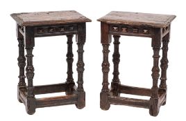 A pair of 17th Century and later oak joynt stools:, with rectangular moulded tops,