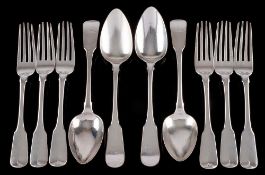 A set of six George III Irish fiddle pattern table forks, maker W.