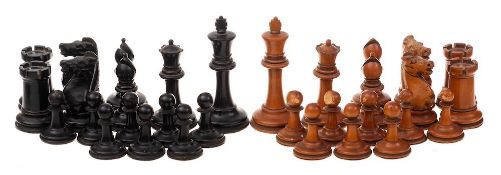 A boxwood and ebonised Staunton pattern competition chess set: with weighted bases, the king, 9.5cm.