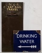 A BR(E) enamel station sign 'Drinking Water': with left facing arrow beneath,
