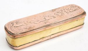 A late 18th century Dutch brass tobacco box: the cover with traces of a stag hunt scene,