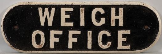 A cast iron doorplate 'Weigh Office': 12 x 37cm.
