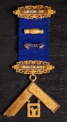 A Victorian 18ct gold 'Union of Malta' Masonic jewel: with blue ribbon, 'Jubille VR' clasp,