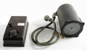 A WWII RAF Type D morse key in brown bakelite case (damaged) together with Sperry Type B Horizon