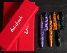 Three Easterbrook fountain pens: comprising E-196B Evergreen gold trim, E346-B Honeycomb,