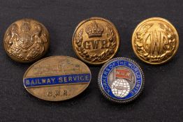 Three GWR buttons, a GWR 'Railway Service' lapel badge and an enamel NUR' lapel badge:.