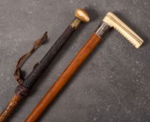 A 19th century French horn and brass mounted mountaineering walking stick: the circular horn pommel