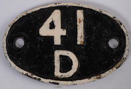 A reproduction Eastern region cast iron oval shed plate '41D': numbered '61394' to back,